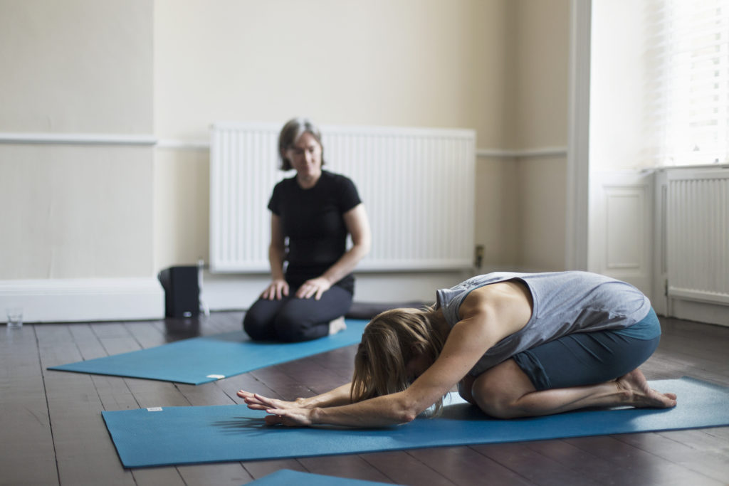 Caroline Reid, Bristol based Scaravelli-inspired yoga teacher, exploring Child's Pose